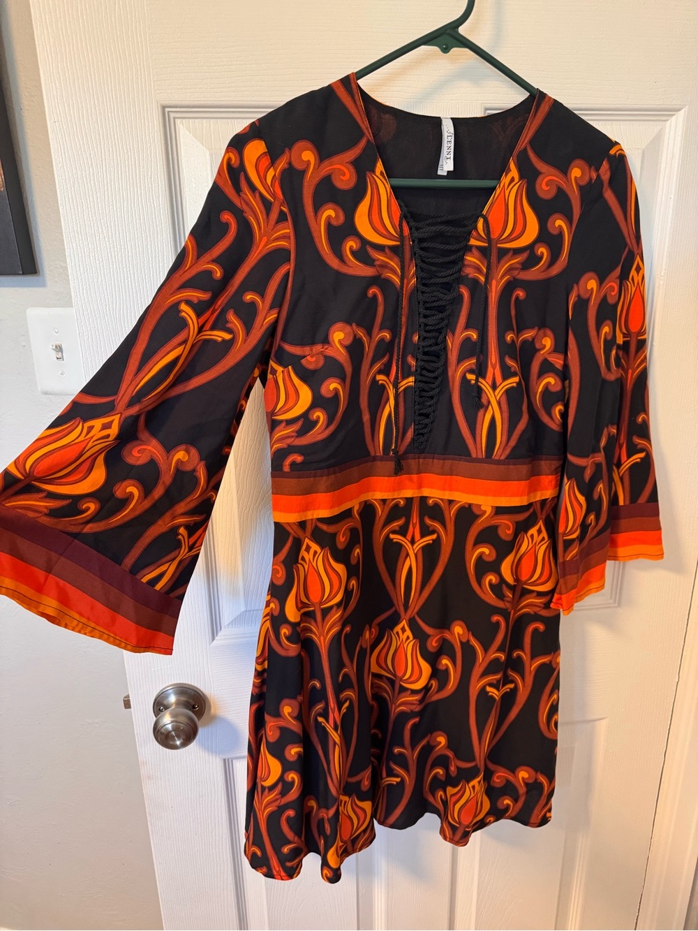 LENNI the Label Bohemian Floral Lace-Up Mini Dress in Black and Orange